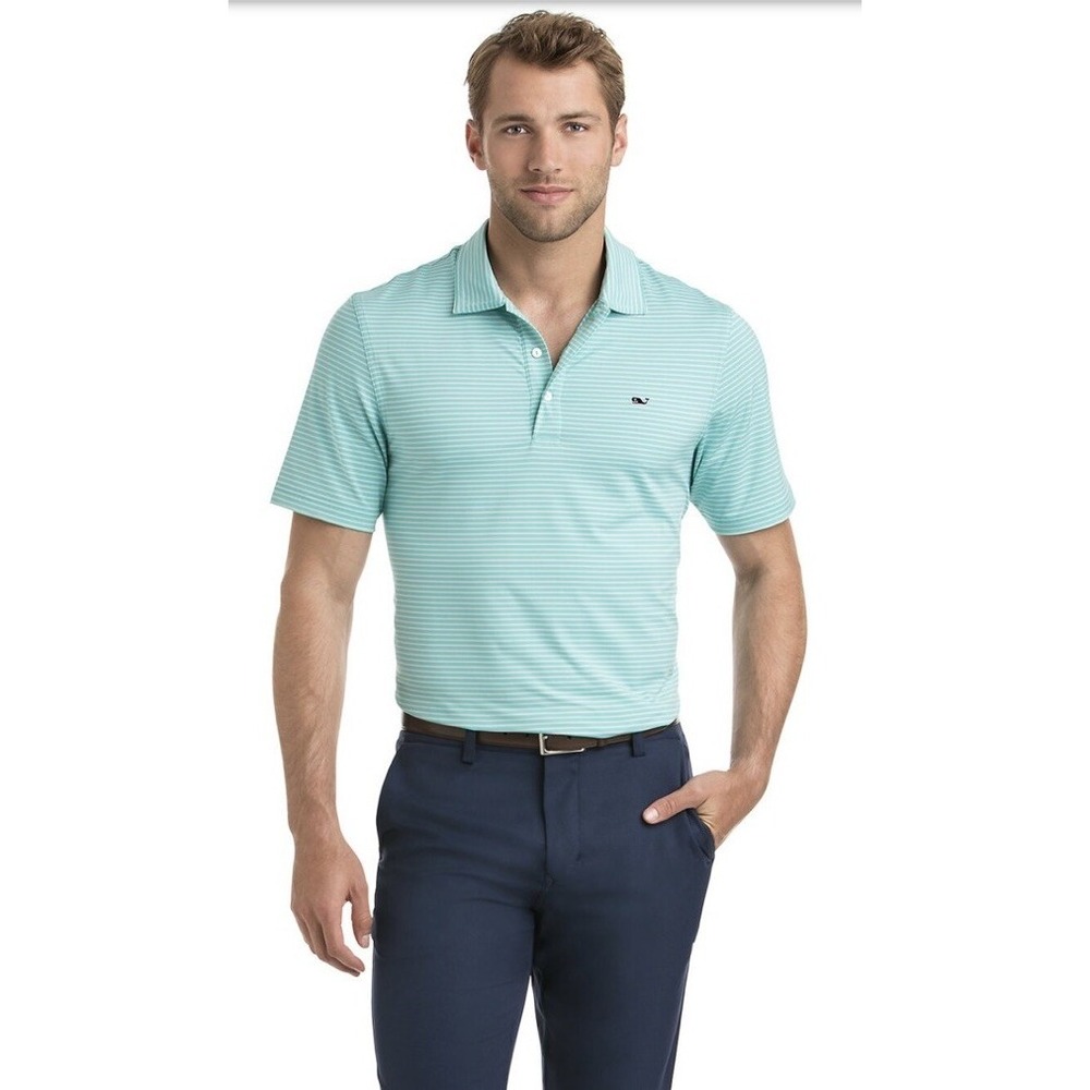 $85 Vineyard Vines Men's XL Ewing Performance  Stripe Polo Shirt Green White NWT